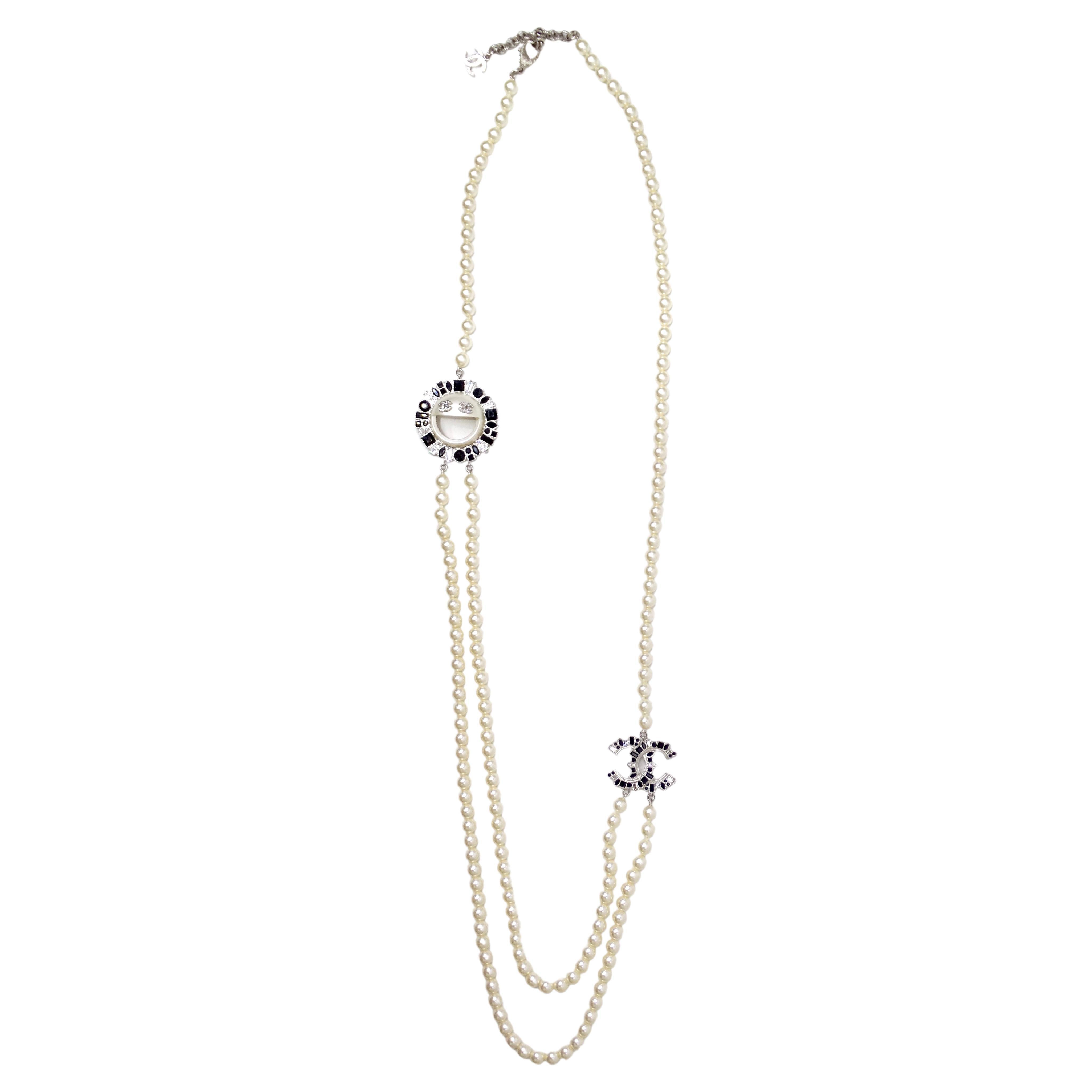 Chanel CC Smiley Emoji Faux Pearl & Crystal Necklace