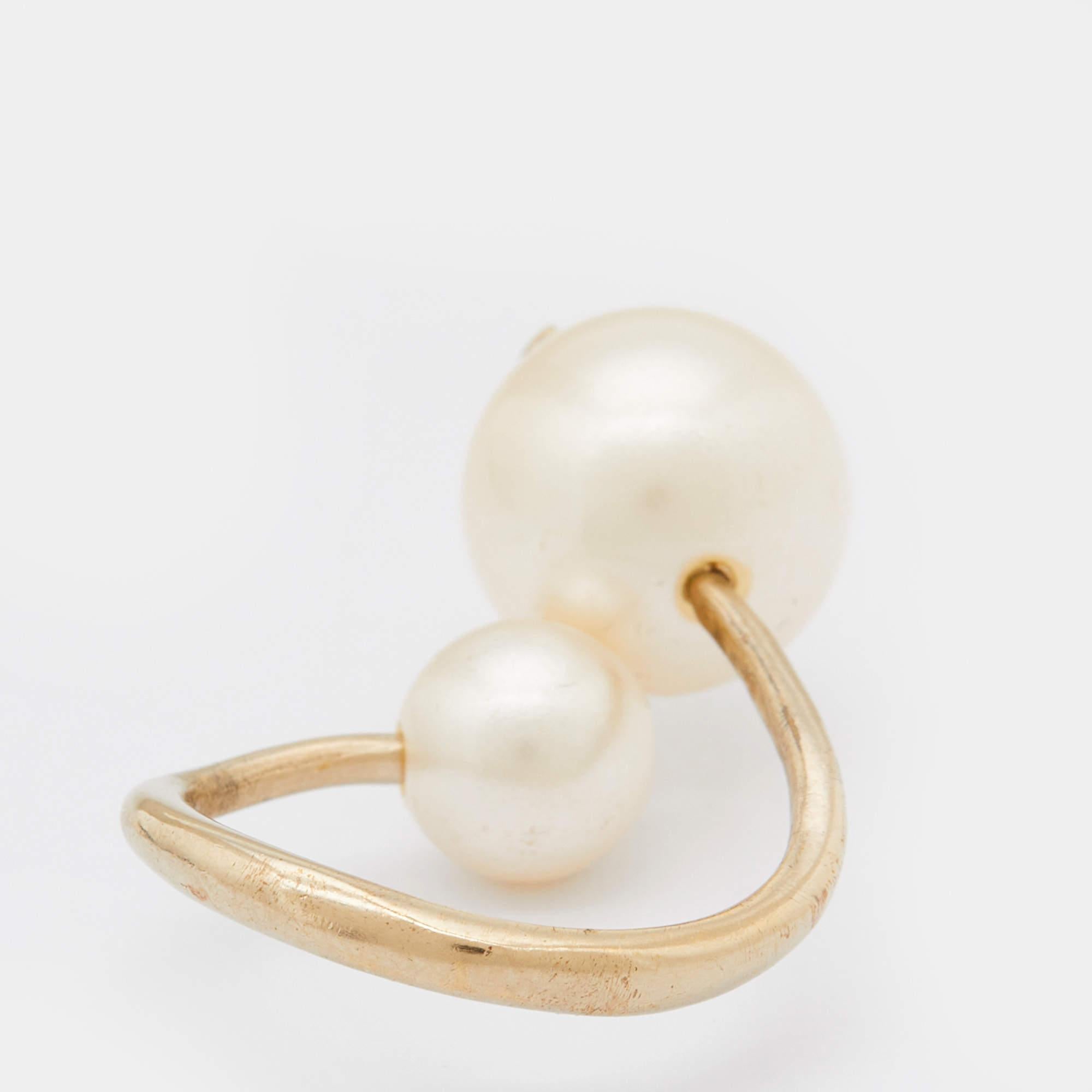 Uncut Chanel CC Spiral Faux Pearl Gold Tone Ring Size 47