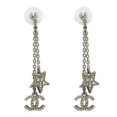 Chanel CC Star Crystal Silver Tone Long Earrings