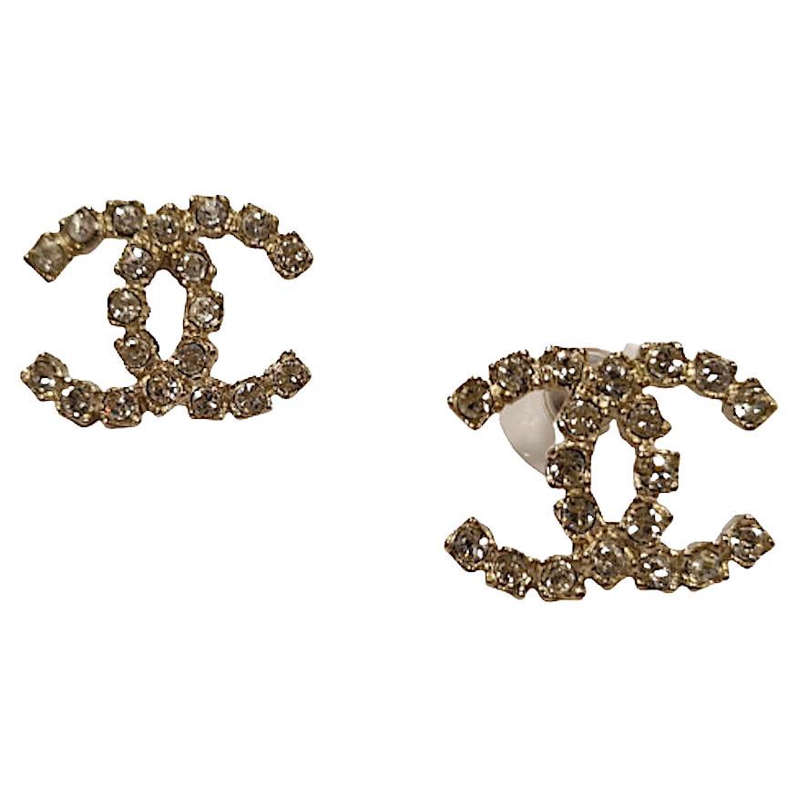 CHANEL CC Stud Earrings in Champagne Gold-Tone Metal and Rhinestones