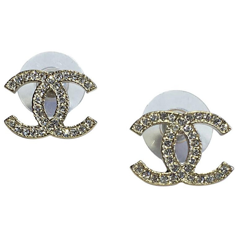 CHANEL CC Stud Earrings in Pale Gilded Metal set with White Rhinestones