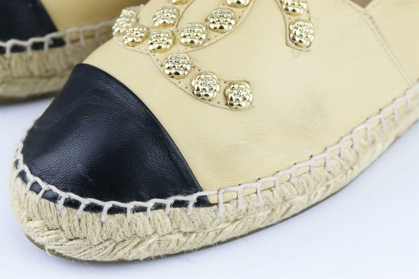 Beige Chanel CC Studded Leather Espadrilles