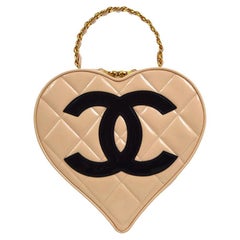 CHANEL CC Tan Beige Black Patent Leather Heart Top Handle Vanity Bag