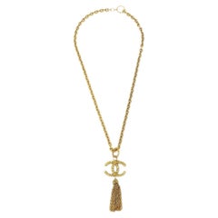 CHANEL CC Tassel Textured Gold Metal Charm Chain Link Necklace