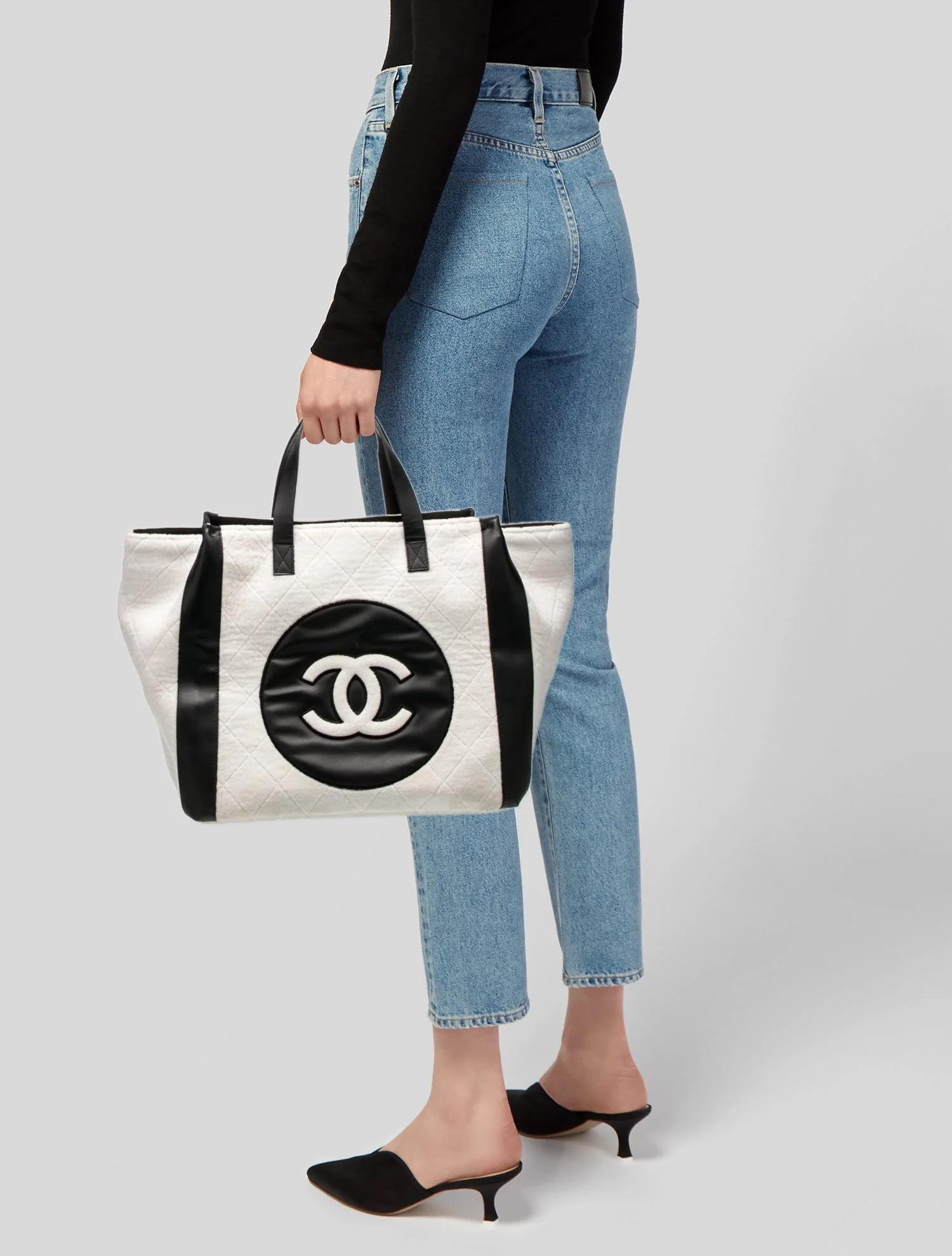 Gray Chanel CC Terry Cloth Black White Beach Tote