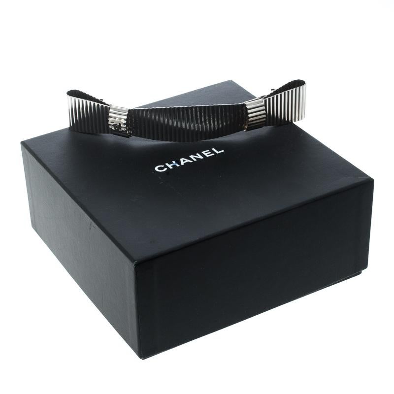 Chanel CC Textured Double Bow Silver Tone Barrette Hair Clip 2