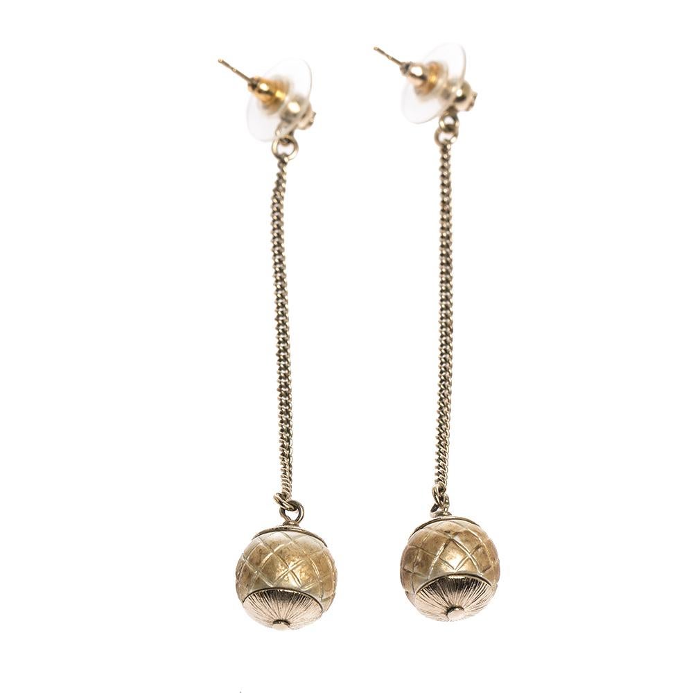 Contemporary Chanel CC Textured Faux Pearl Gold Tone Drop Earrings