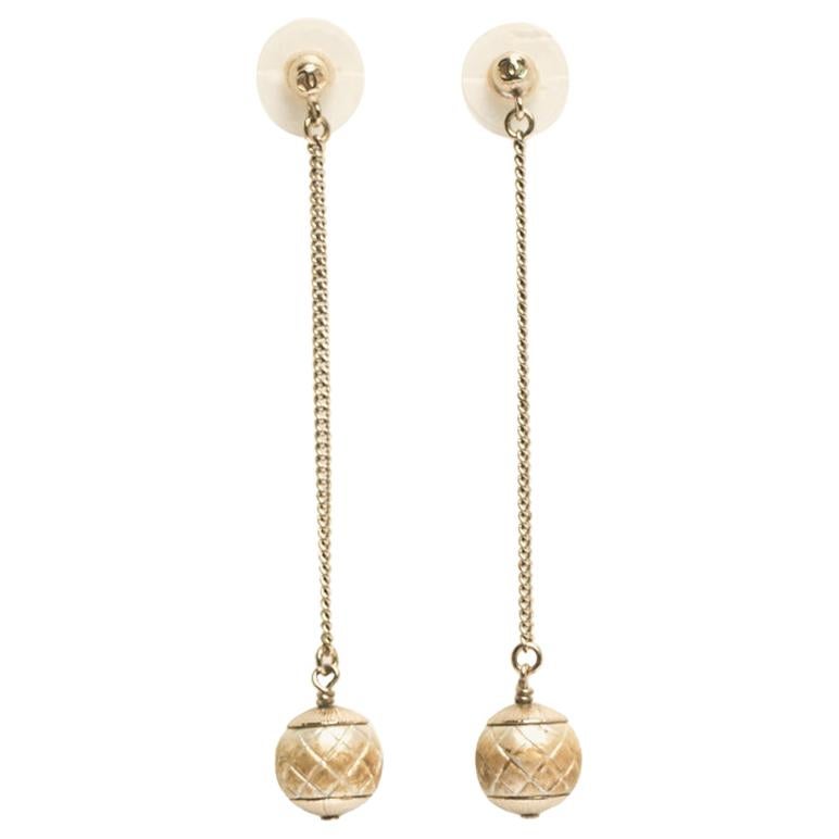 Chanel CC Textured Faux Pearl Gold Tone Drop Earrings
