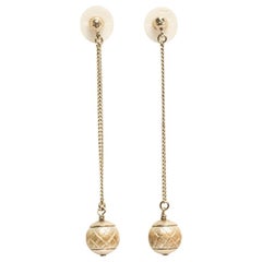 Chanel CC Textured Faux Pearl Gold Tone Drop Earrings