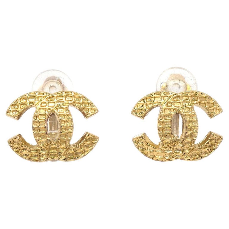 CHANEL Camellia GOLD CC Metal Stud Pearl Crystal Dangle Earrings