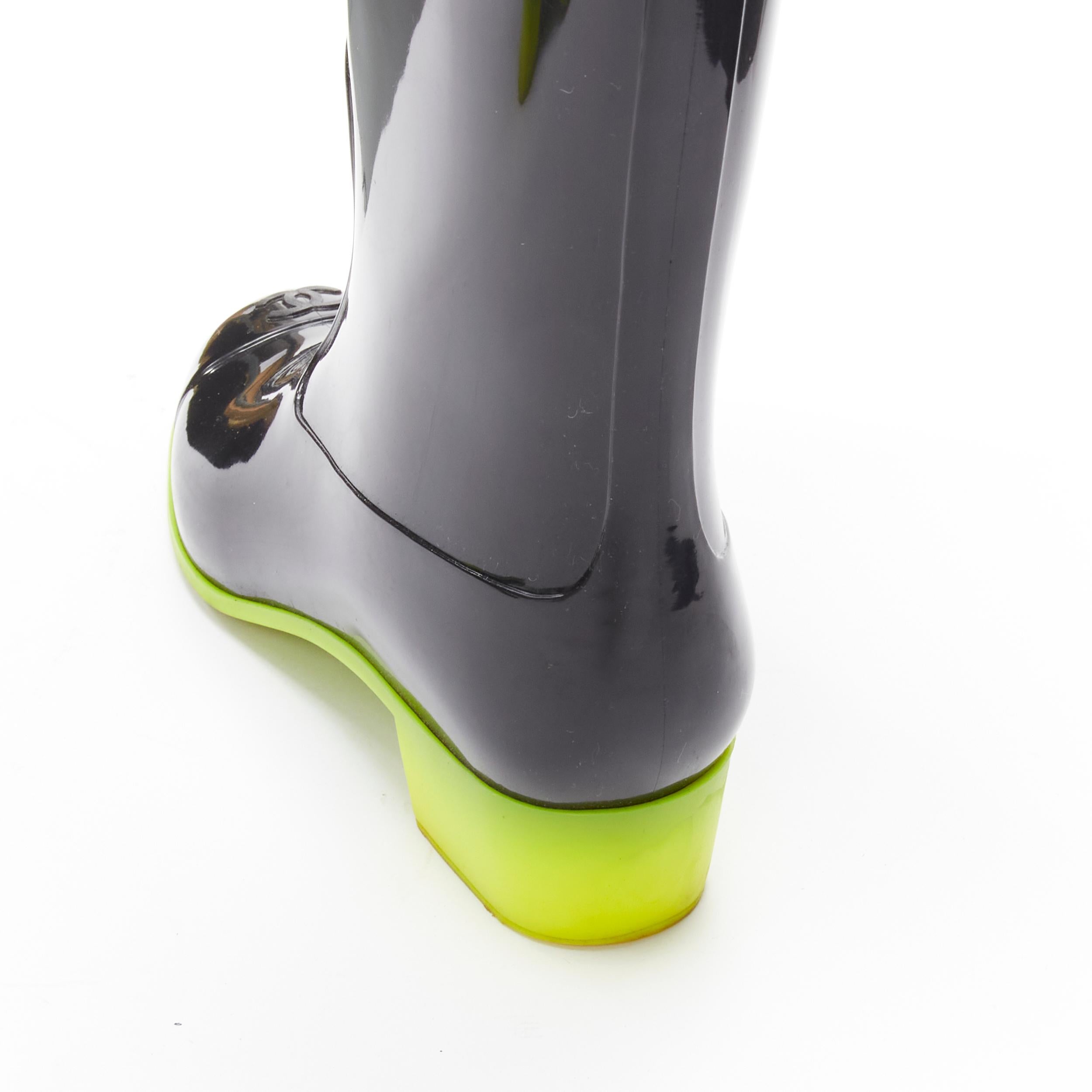 Women's CHANEL CC toe cap black rubber green sole tall rainboots boots EU36