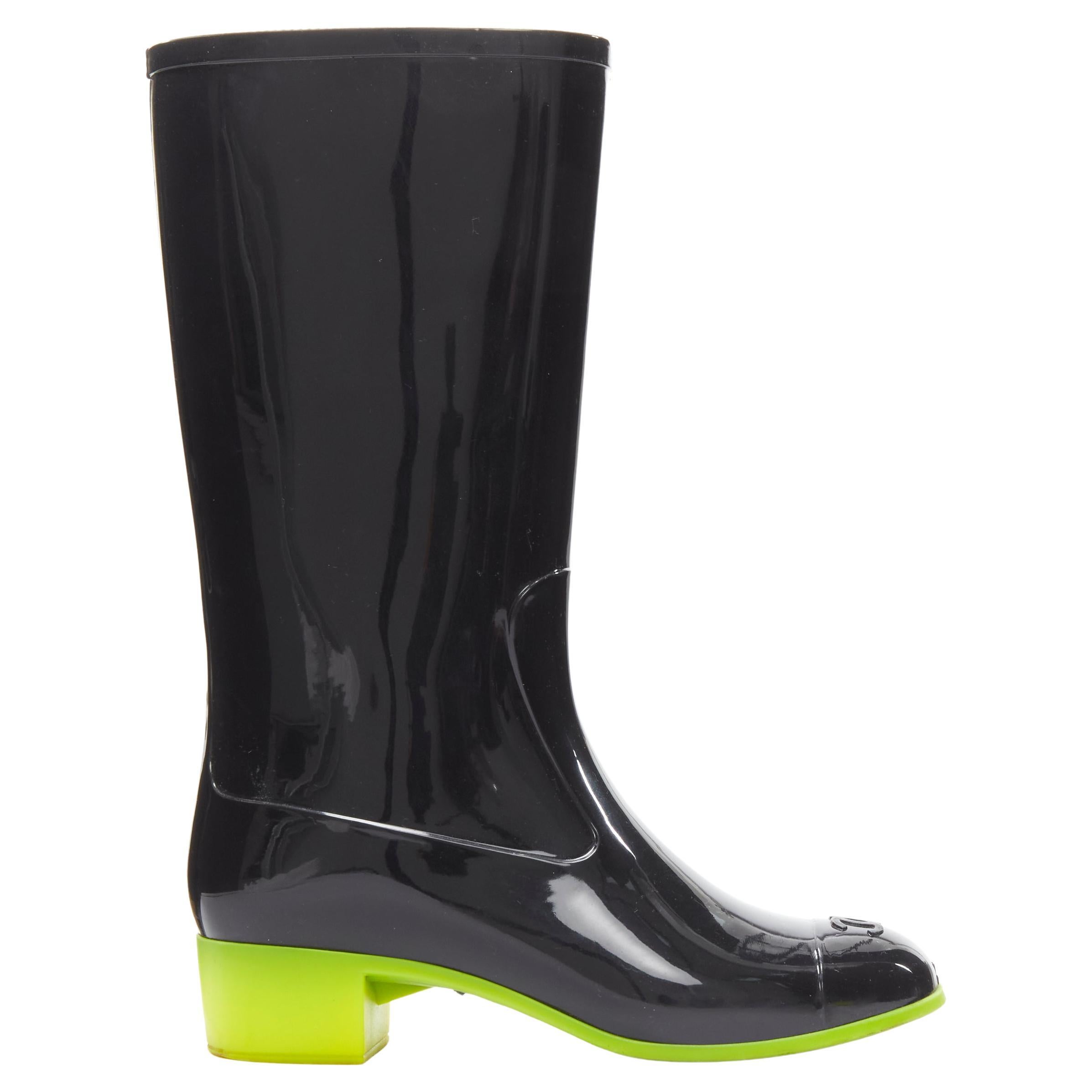 CHANEL CC toe cap black rubber green sole tall rainboots boots EU36