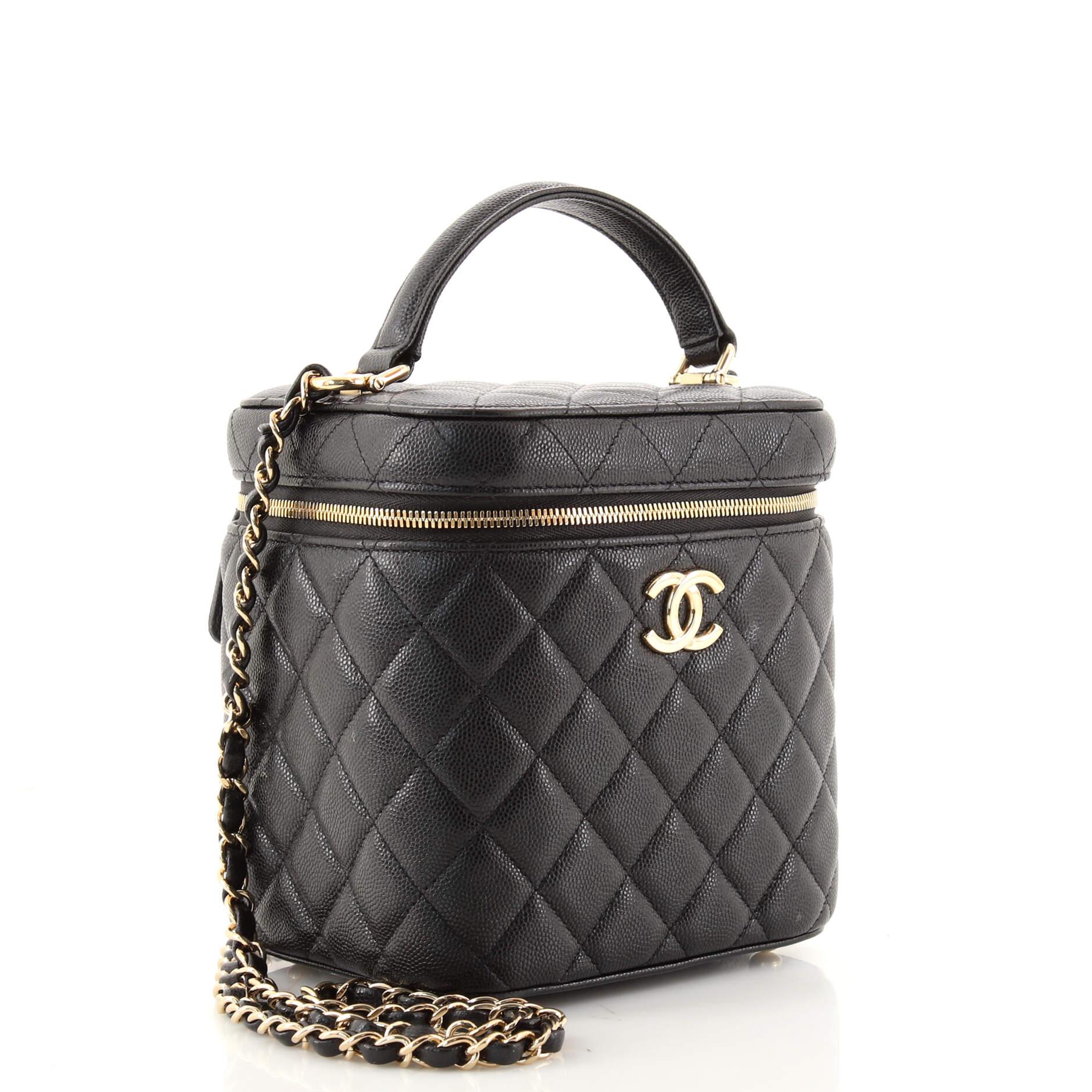 Black Chanel CC Top Handle Vanity Case with Chain Quilted Caviar Small