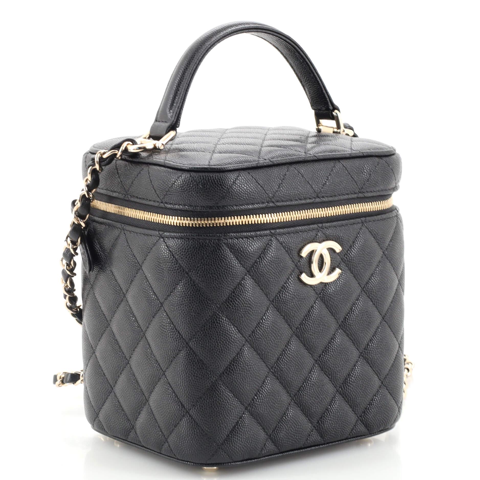 Chanel CC Top Handle Vanity Case with Chain Quilted Caviar Small In Good Condition In NY, NY