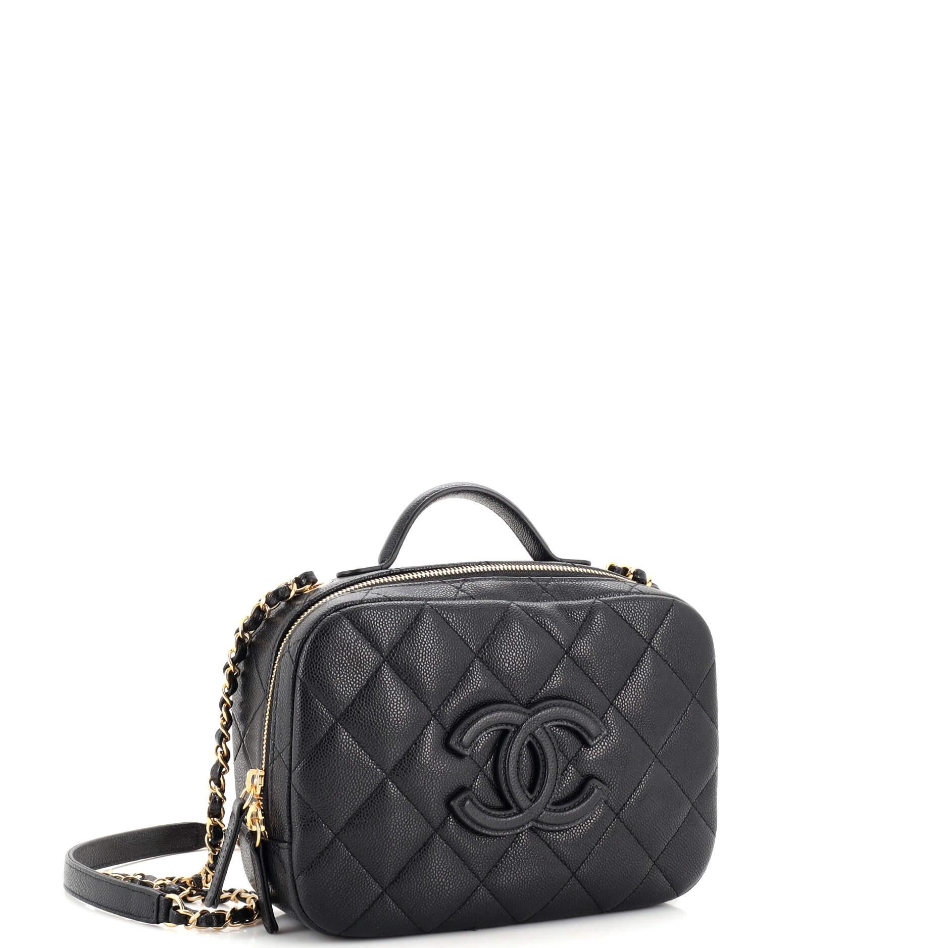 Chanel CC Top Handle Zip Around Vanity Case with Chain Quilted Caviar Small In Good Condition In NY, NY