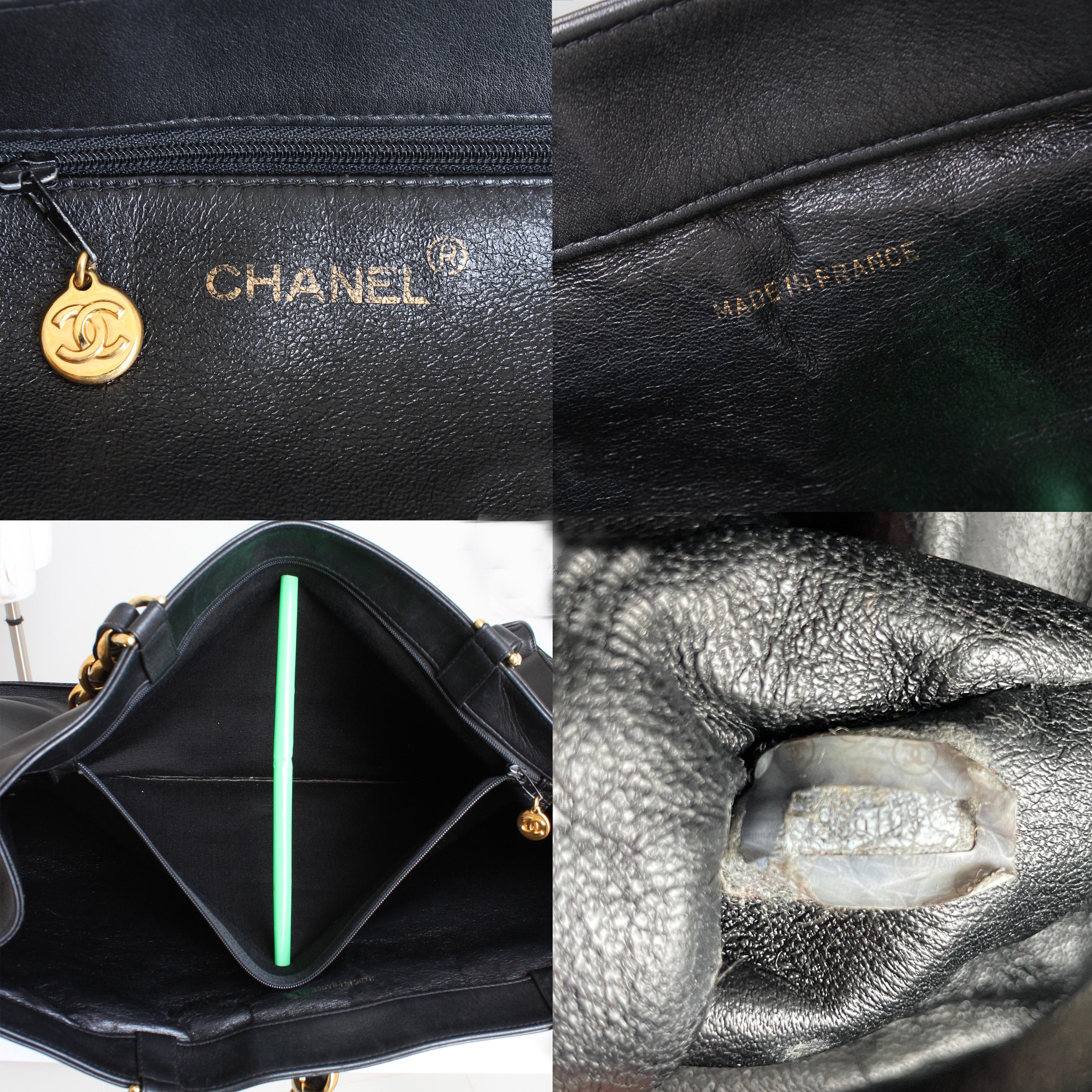 Chanel CC Tote Bag Black Lambskin Gold Chain Vintage 1990s Large Shoulder Bag  7