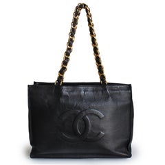 Chanel CC Tote Bag Black Lambskin Gold Chain Vintage 1990s Large Shoulder Bag
