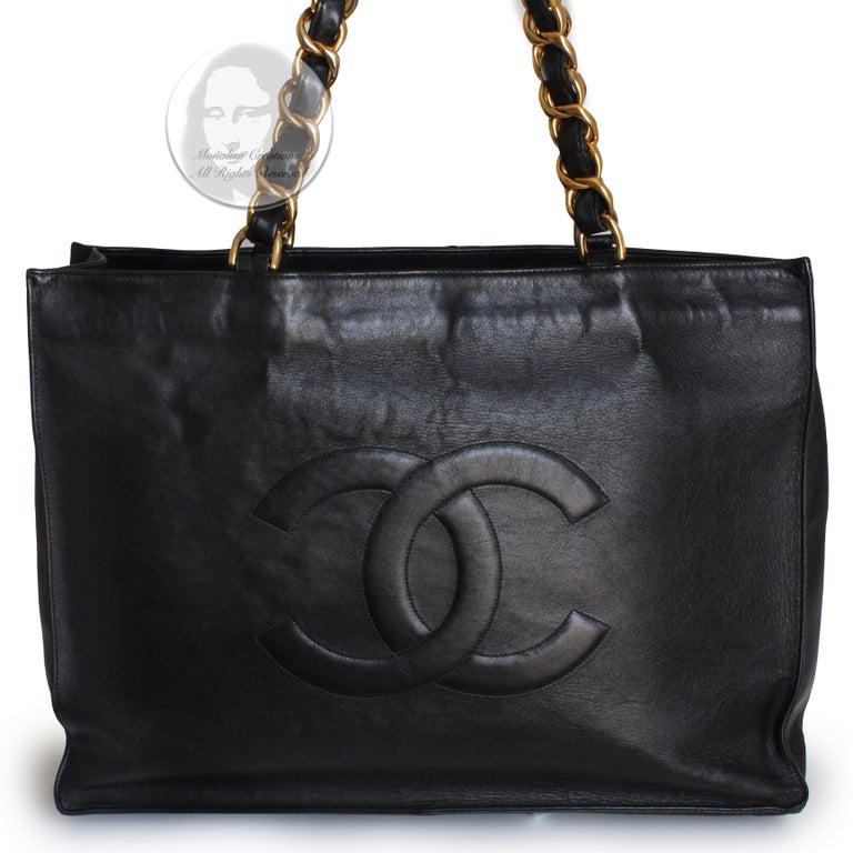 Chanel CC Tote Bag Black Lambskin Gold Chain Vintage 1990s Large