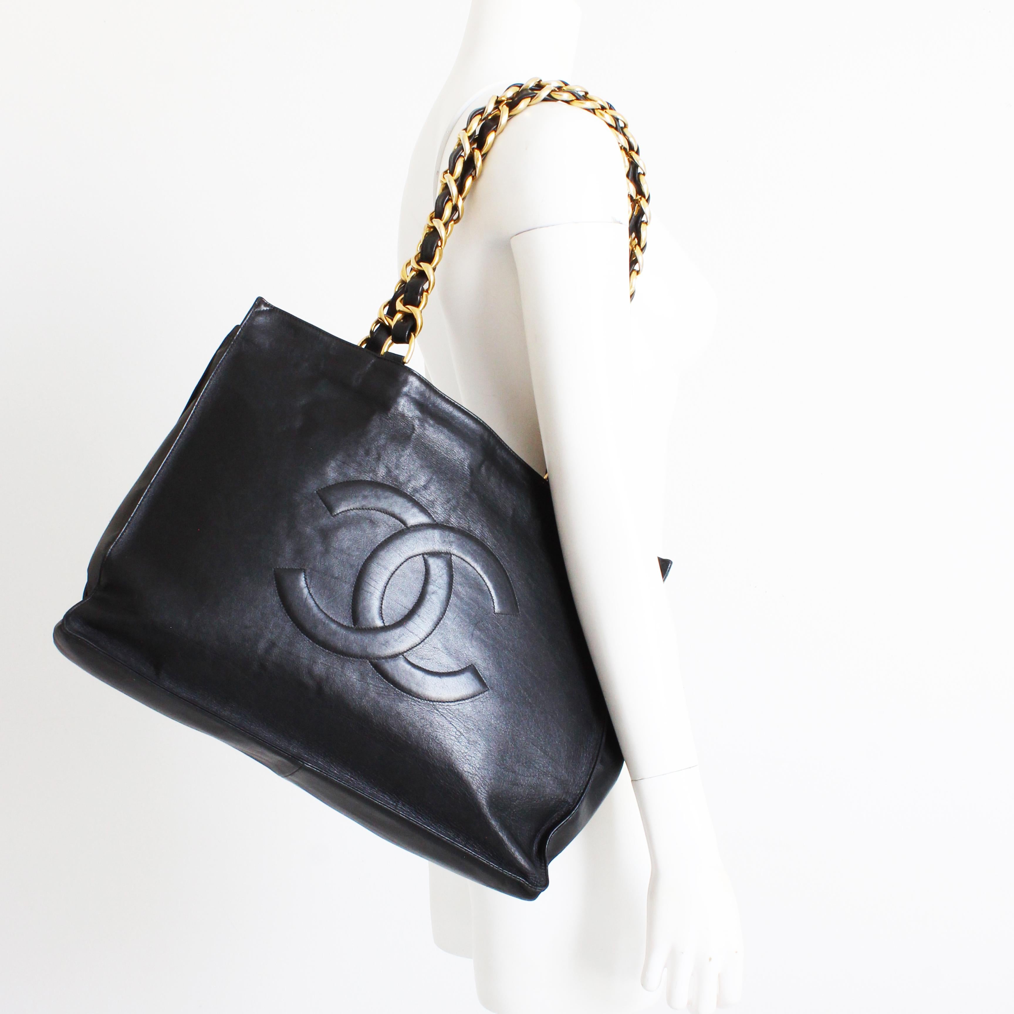 black tote bag with gold chain