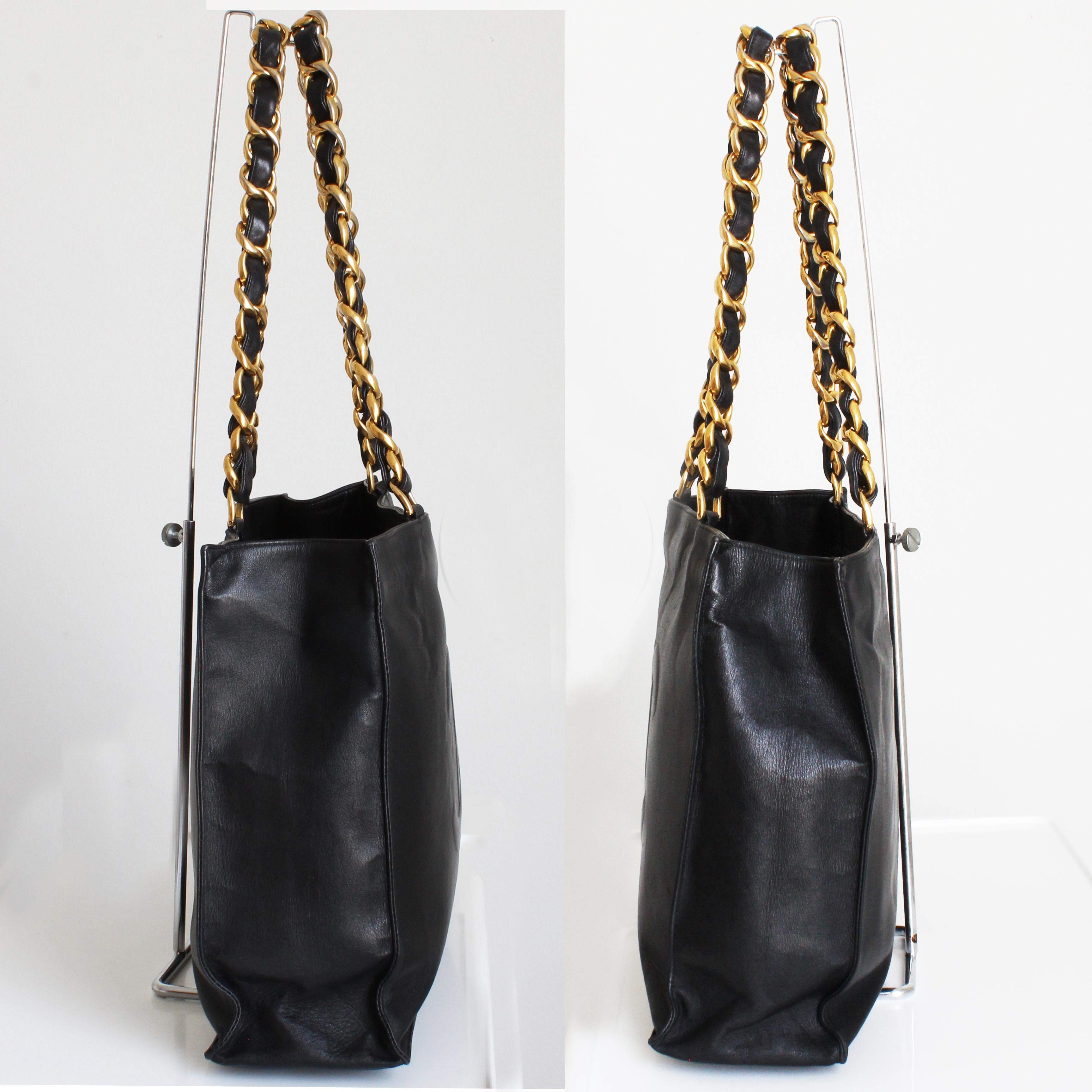 Chanel CC Tote Bag Black Lambskin Gold Chain Vintage 1990s Large Shoulder Bag  1