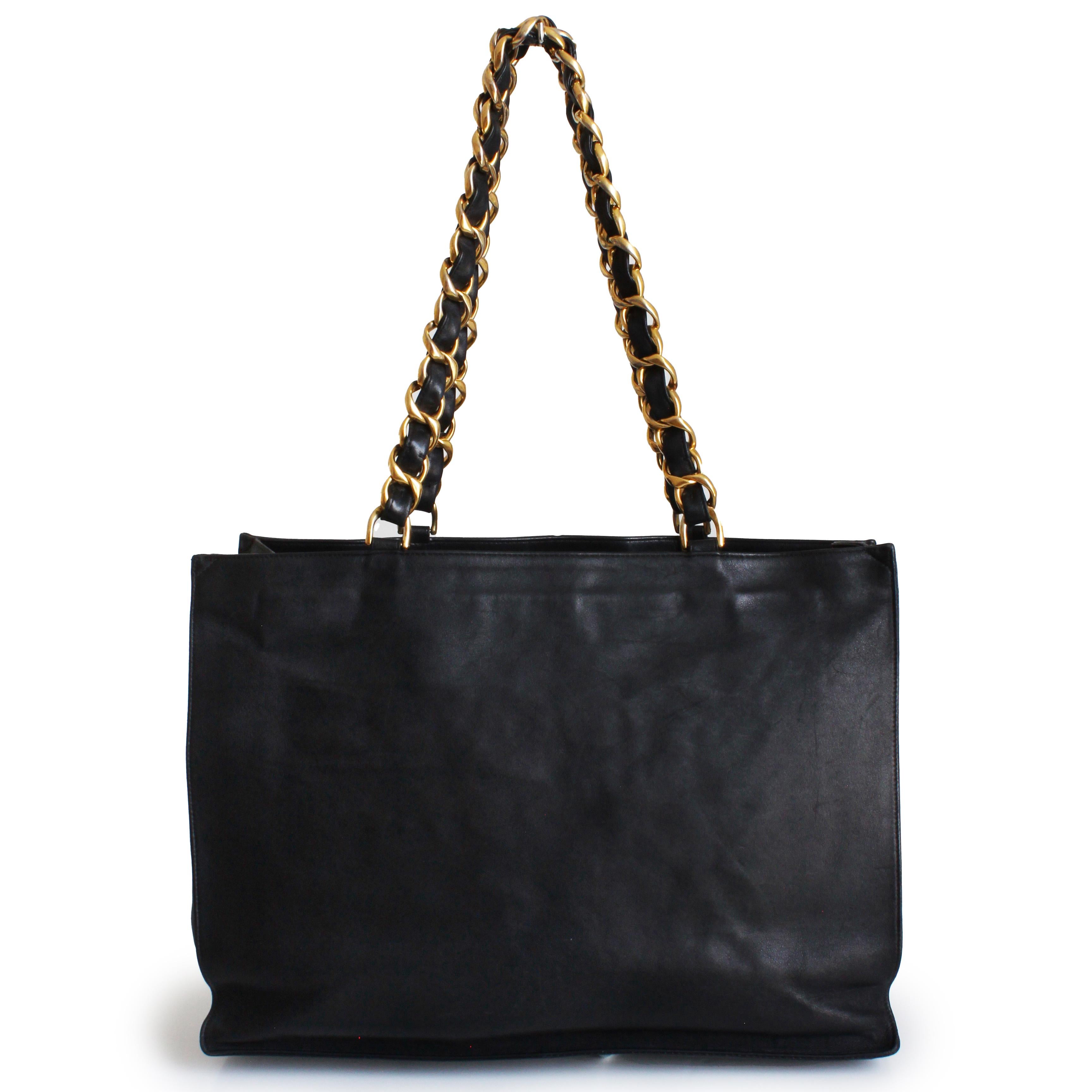 Chanel CC Tote Bag Black Lambskin Gold Chain Vintage 1990s Large Shoulder Bag  2