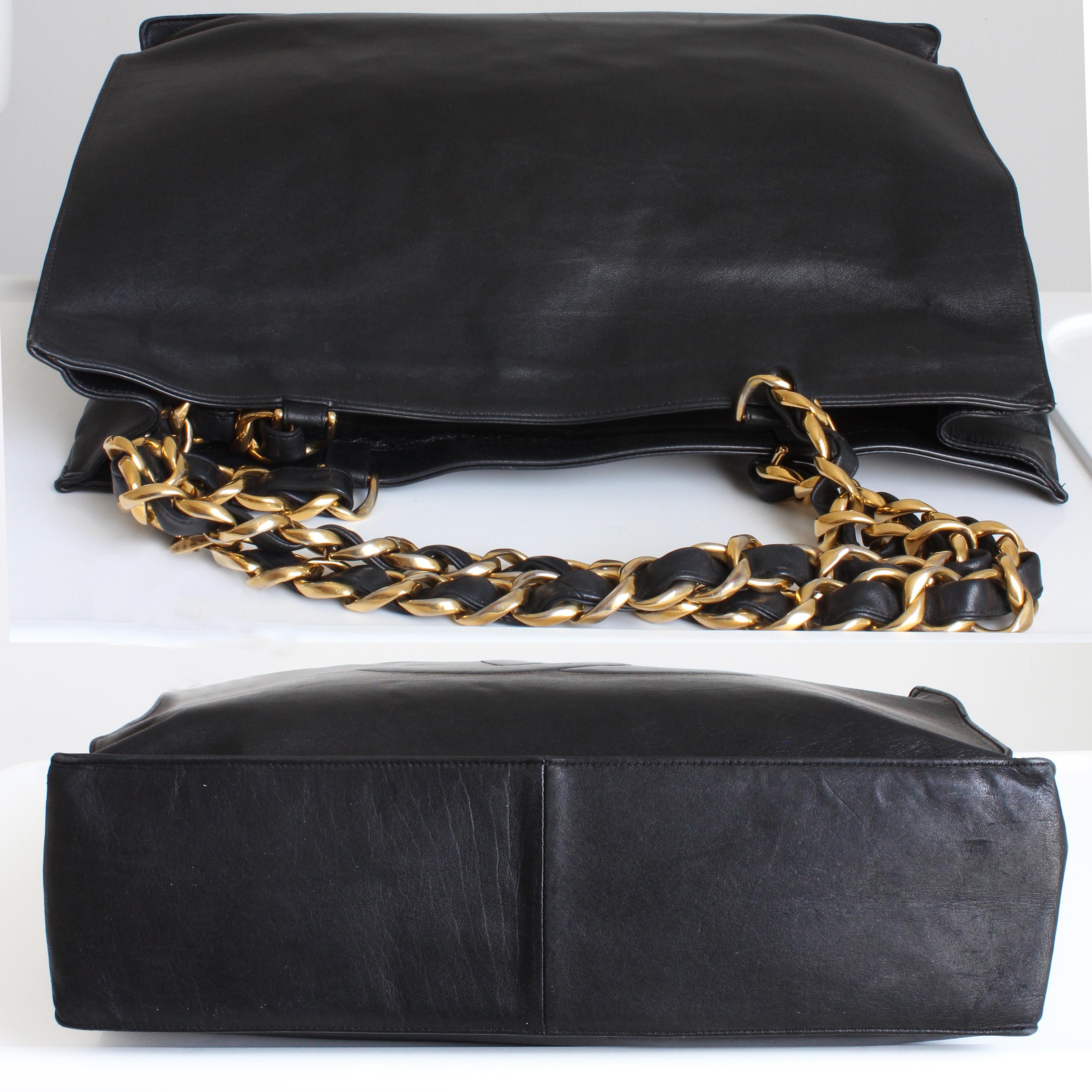 Chanel CC Tote Bag Black Lambskin Gold Chain Vintage 1990s Large Shoulder Bag  3
