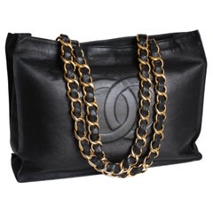 Chanel CC Tote Bag Black Lambskin Gold Chain Vintage 1990s Large Shoulder Bag 