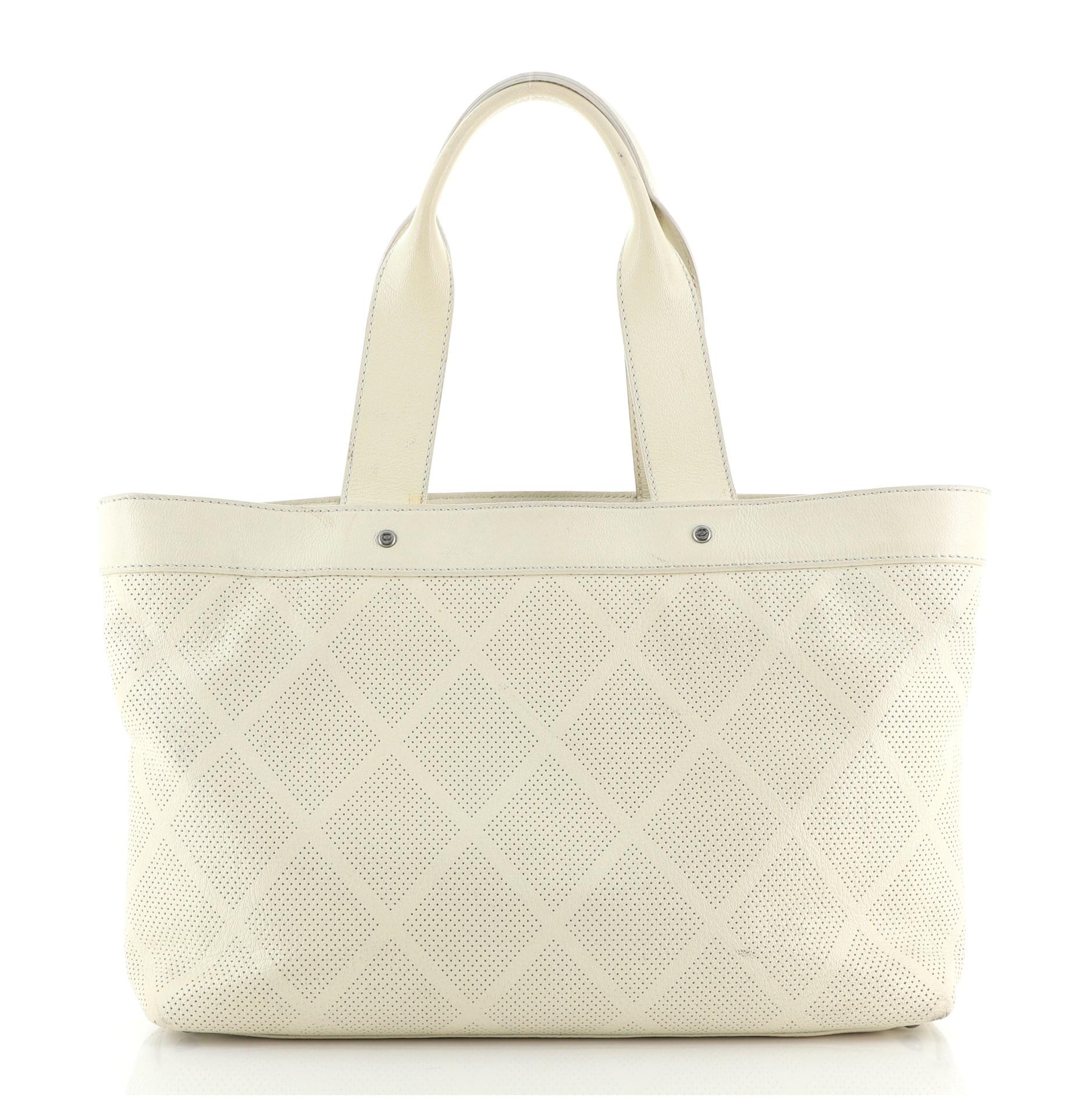 Beige Chanel CC Tote Perforated Leather East West
