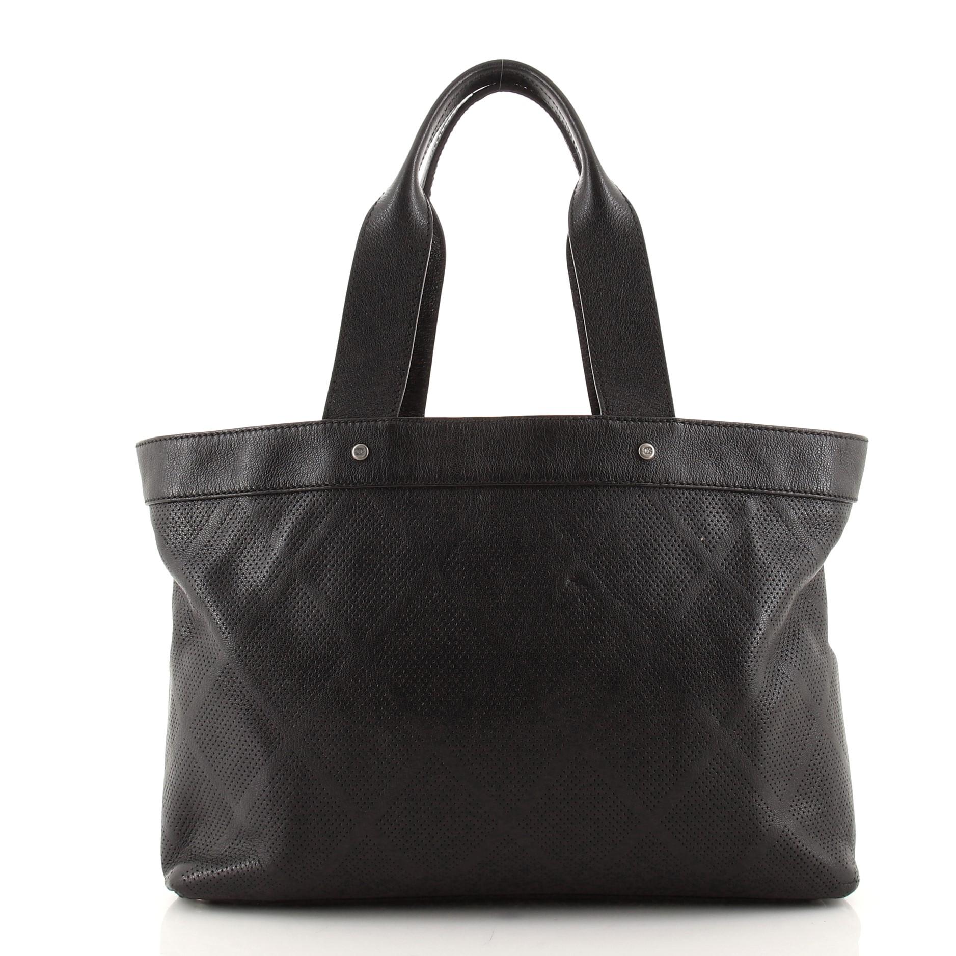 Black Chanel CC Tote Perforated Leather East West