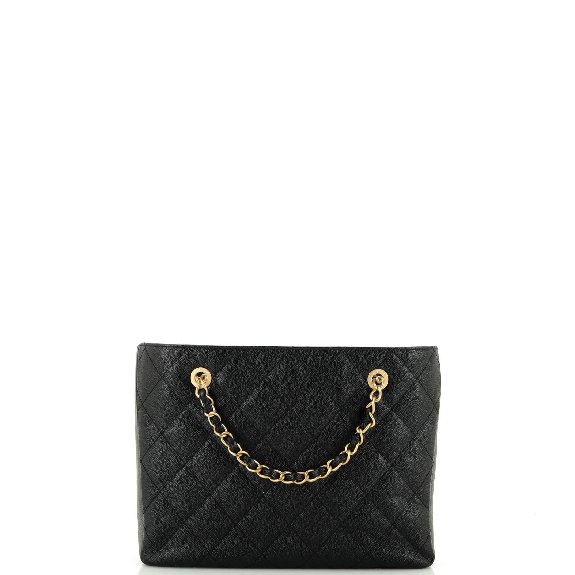 Chanel CC Trapezoid Chain Shopping Tote Quilted Caviar Small In Good Condition In NY, NY
