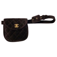 Vintage Chanel CC turn-lock brown velvet quilted flap belt bag
