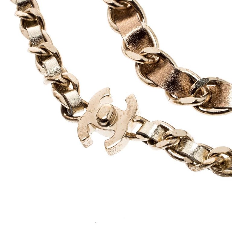 Chanel CC Turnlock Metallic Leather Gold Tone Double Chain Necklace For