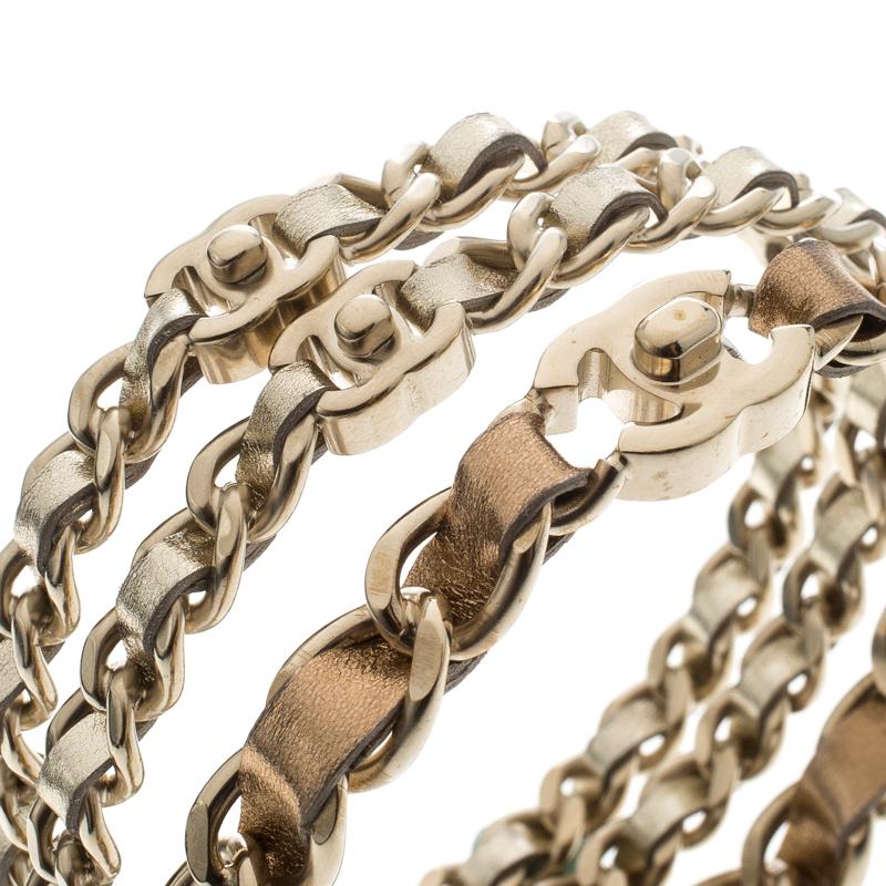 Contemporary Chanel CC Turnlock Metallic Leather Woven Gold Tone Chain Set of 3 Bracelets