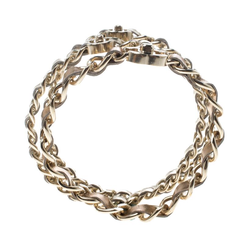Chanel CC Turnlock Metallic Leather Woven Gold Tone Chain Set of 3 Bracelets 1