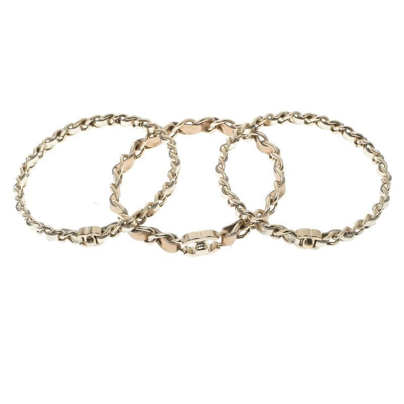 Chanel CC Turnlock Metallic Leather Woven Gold Tone Chain Set of 3 Bracelets