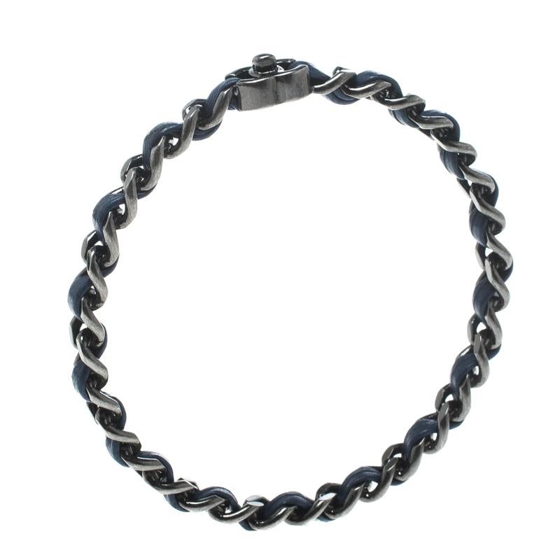 Contemporary Chanel CC Turnlock Navy Blue Leather Woven Silver Tone Chain Bangle Bracelet 21c