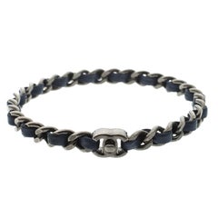 Chanel CC Turnlock Navy Blue Leather Woven Silver Tone Chain Bangle Bracelet 21c