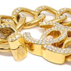 CHANEL CC Turnlock Rhinestone Gold Metal Chain Link Bracelet