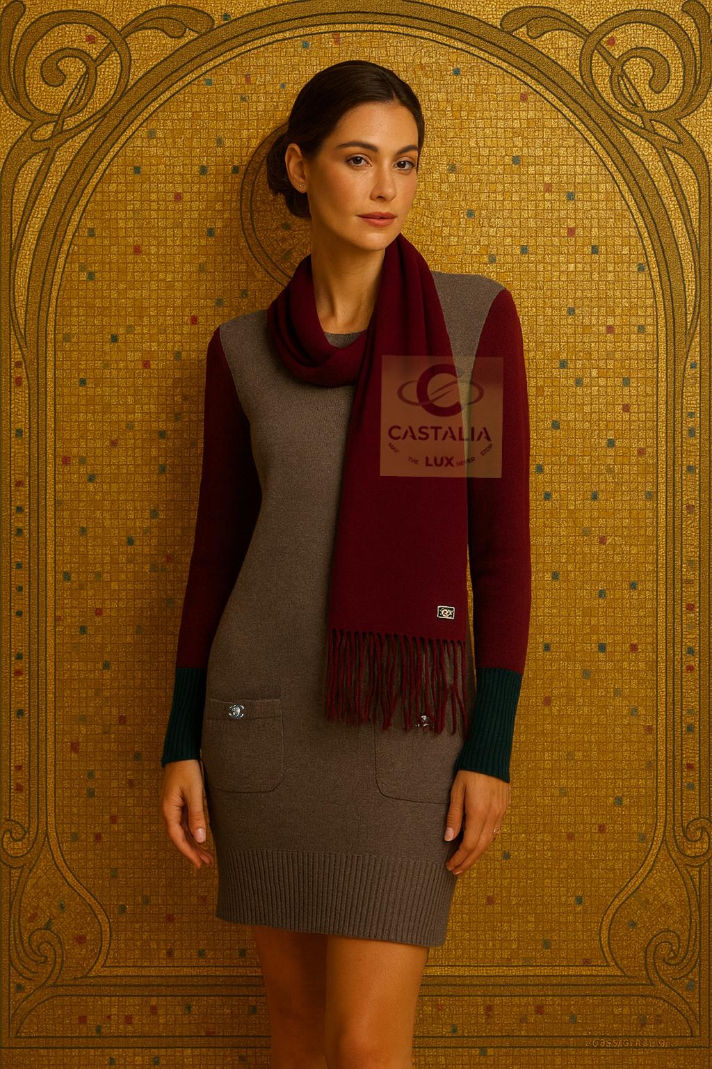  Chanel Cashmere Ensemble - Die trinitarische Harmonie von Farbe und Form

 Eine außergewöhnliche Chanel-Kreation, 
Dieses Ensemble vereint ein modelliertes Kaschmirkleid mit einem fließenden Schal und verkörpert Karl Lagerfelds Talent, Alltägliches