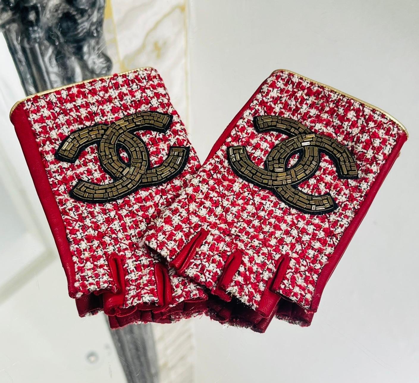 Pink Chanel 'CC' Tweed Leather & Wool Fingerless Gloves