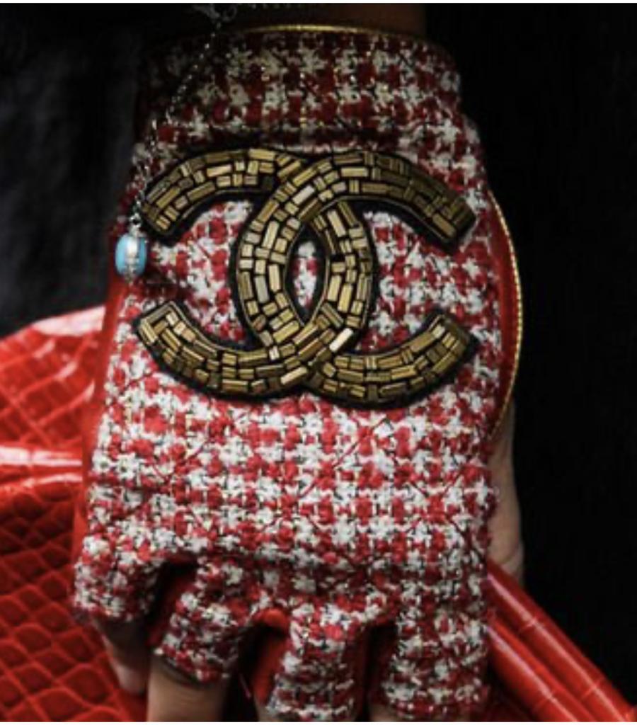 Chanel 'CC' Tweed Leather & Wool Fingerless Gloves 4