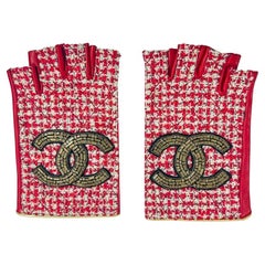 Chanel 'CC' Fingerlose Handschuhe aus Tweed Leder und Wolle