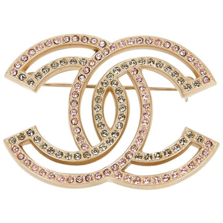 Chanel Gold Tone and Rhinestone CC Brooch, Chanel