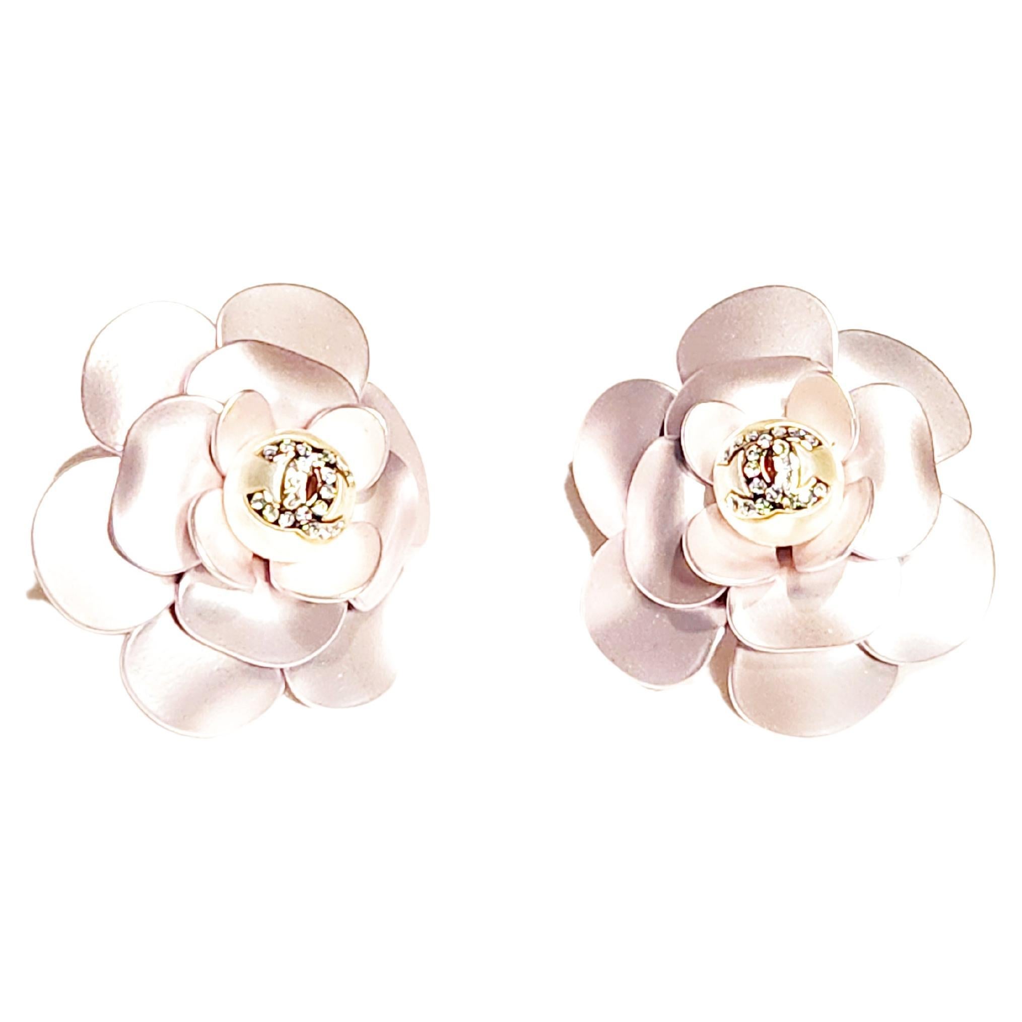 Chanel CC LARGE Massive Camellia Metal Studded Flower Earrings