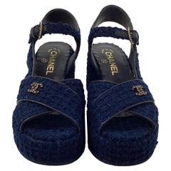 Chanel CC Wedge Sandals in Blue Cotton Tweed