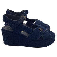 Chanel CC Wedge Sandals in Blue Cotton Tweed