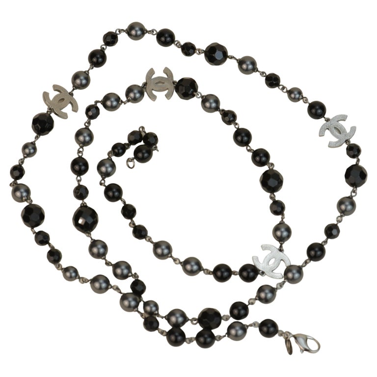 Chanel CC Logo Black Enamel Long Pearl Necklace at 1stDibs