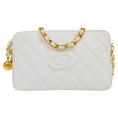 CHANEL CC White Caviar Leather Gold Hardware Small Camera Evening Shoulder Bag