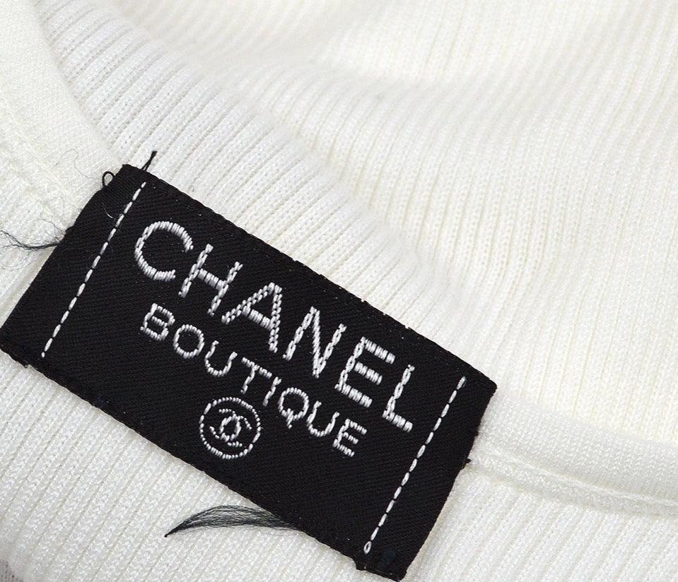 Gray CHANEL CC White Cotton Knit Black Logo Sleeveless Tank Top - Size FR 38