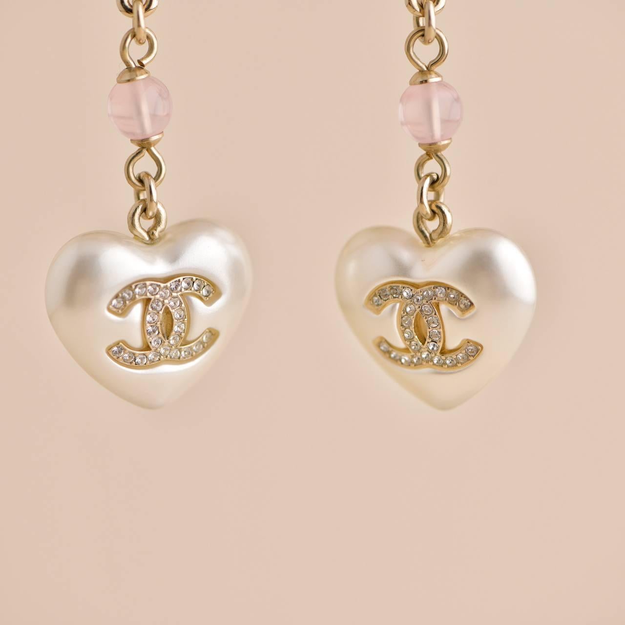 Chanel CC White Heart Faux Pearl Pendant Drop Earrings 4